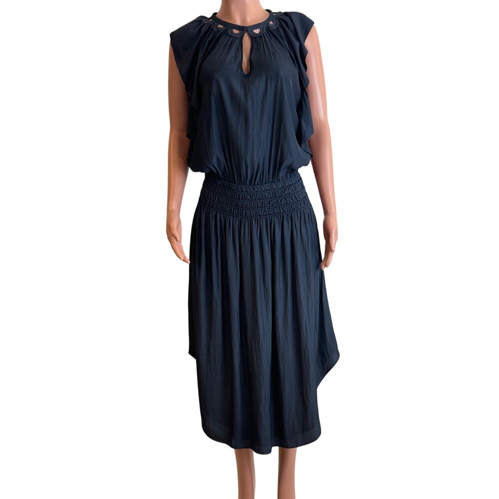 Ramy Brook Wrenn Embellished Blouson Midi Dress Size M Navy Satin Flutter Sleeve - Picture 2 of 15